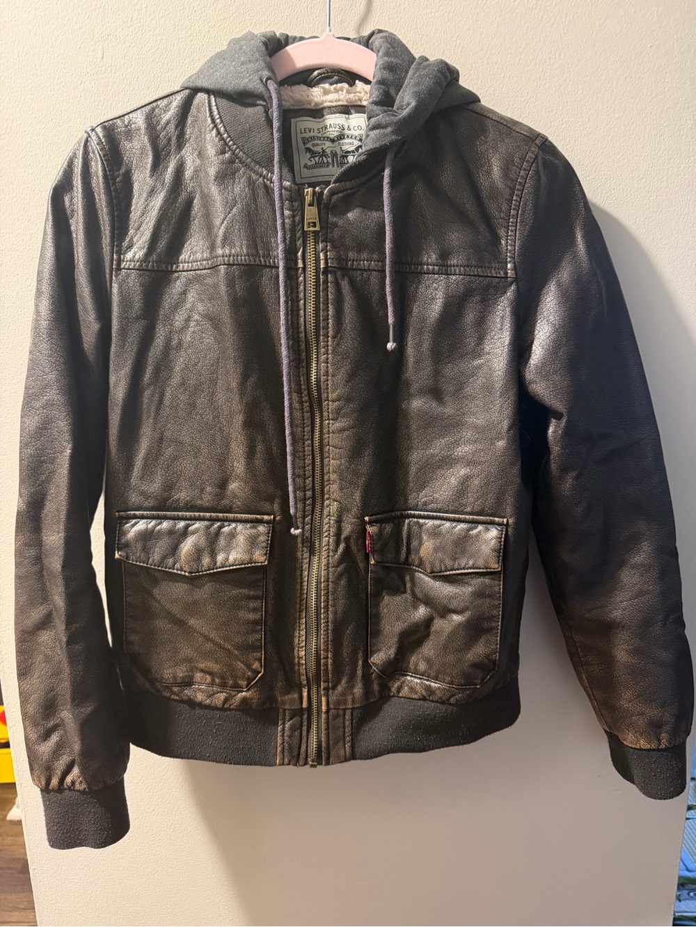 Levi's Brown Leather Bomber Jacket with Gray Hood
